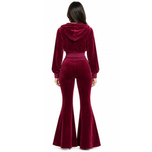 <b>Women's</b> Burgundy <b>Velvet</b> Hooded <b>Tracksuit</b> Set Full Sleeve Zipper Front Cross Embellishment Casual Regular Fit Autumn Wear - Product Image 3