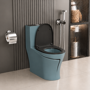 WC moderne monobloc à poser au sol en céramique, à double chasse, allongé, bleu-gris, avec chasse d'eau Tornado - Product Image 1