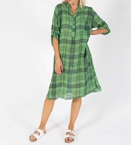 Vestido Casual Vintage de Jersey a Cuadros Verde, Corte en A, para Mujer, Talla Grande, Largo hasta la Rodilla, Cuello Camisero, Manga Tres Cuartos, Transpirable - Product Image 1