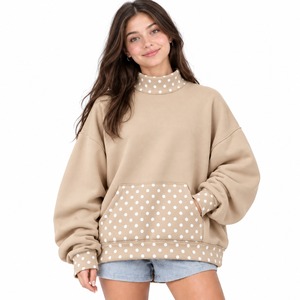 Women Mockneck <b>Sweat</b> <b>Top</b> Polka Dot Collar Design Polka Dot Bottom Cuff Detail Relaxed Oversized Fit Modern Long Sleeve Apparel - Product Image 1