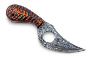 Handcrafted Damascus Steel Finger Hole Utility Craft <b>Tool</b> <b>Carved</b> Composite <b>Wood</b> Handle - Product Image 5