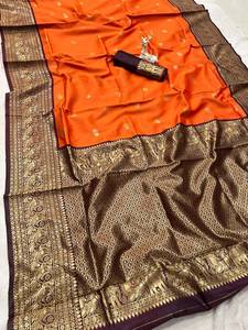 Orange Banarasi Silk <b>Saree</b> For Women Luxury Zari Border Designer Wedding Party Wear Traditional Indian Ethnic <b>Saree</b> With <b>Blouse</b> - Product Image 1