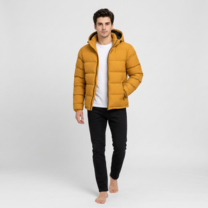 Men's Mustard <b>Yellow</b> Hooded <b>Puffer</b> <b>Jacket</b> Zipper Closure Windproof Thick Polyester Wadding Casual Winter Coat Regular Fit - Product Image 2