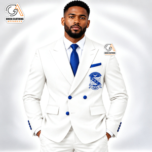 เสื้อเบลเซอร์ผู้ชายสีขาว แบรนด์ Phi Beta Sigma แบบกระดุมแถวเดียว ปกคอปก ปักโลโก้ด้านหน้า ผ้าถักสีน้ำเงิน ป้องกันรอยยับ ป้องกันไฟฟ้าสถิต - Product Image 1