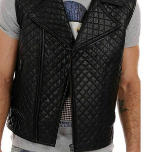 2026 Men's Black PU <b>Leather</b> <b>Vest</b> Turn-down Collar Zipper Closure Moto Style Quilted Design Outer Wear Autumn Season Breathable - Product Image 6