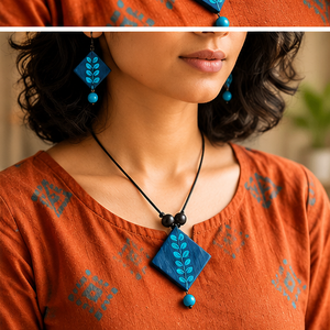 Blue Leaf Pattern Eco-friendly Ceramic Tile Jewelry Set Pendant Earrings Handmade Floral Accessory Gift with Custom Packaging - Product Image 4