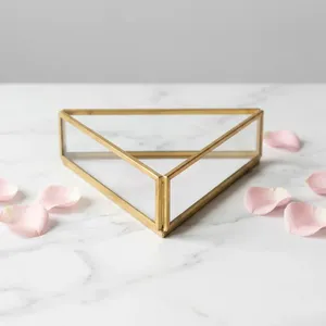 Artisan Design Brass/Glass Lacquered Finish Triangle Modern <b>Storage</b> <b>Tray</b> for Table Top Jewelry and Cosmetic Display - Product Image 2