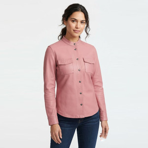 Chemise élégante pour femmes en cuir PU rose, cuir de vachette de qualité supérieure, mode décontractée, manches longues, fermeture à boutons pression, coupe ajustée, haut en cuir - Product Image 1