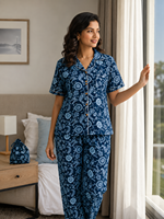 Ensemble de pyjama de luxe pour femme 100 % coton imprimé, manches courtes, léger, avec pochette assortie à cordon de serrage, doux et respirant