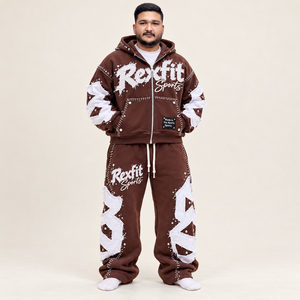 Ensemble de survêtement à capuche marron pour homme Rexfit Sports, imprimé streetwear, sweat-shirt à fermeture éclair et pantalon de survêtement à jambes larges, vêtements d'automne - Product Image 3