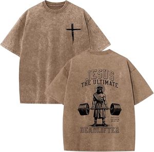 <b>Jesus</b> The Ultimate Deadlifter Men's Oversized Brown T-<b>Shirt</b> Short Sleeve O-Neck Printed Casual Jersey Fit - Product Image 1
