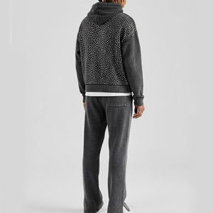 Ensemble de survêtement à capuche pour homme, gris foncé, imprimé à pois, manches longues, décontracté, 100% coton, vêtements d'automne avec poches latérales, taille élastique - Product Image 2