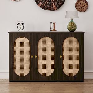 Credenza retrò a 3 ante con ampio spazio contenitivo, ante in rattan sintetico, maniglie in metallo, mobile d'accento per soggiorno - Product Image 2
