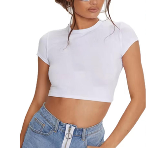 Women's <b>White</b> Crew Neck Short Sleeve <b>Crop</b> <b>Top</b> Slim Fit Solid Knitted Cotton Casual <b>Tank</b> <b>Top</b> - Product Image 5