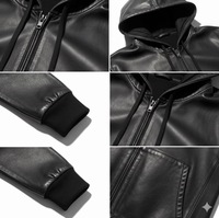 Veste en cuir noir pour homme avec col montant et fermeture éclair, coupe décontractée, idéale pour l'hiver, couleur unie, poches avant, imperméable