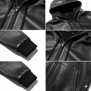 Men's Black Leather Hooded Jacket Zipper Closure Casual Autumn Wear Regular Fit Solid Color Front Pocket Design - Product Image 6