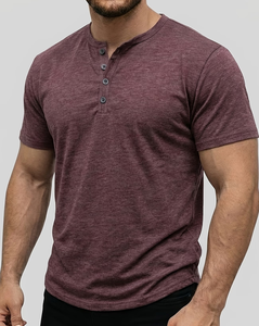 Men's Short Sleeve Henley T-Shirt Solid Color Knitted Cotton Casual Top Regular Fit Low-Neck Button-<b>Up</b> 180g Made Bangladesh - Product Image 1