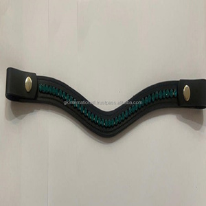 Wave Shape Black Genuine Leather Horse Brow <b>Band</b> Durable Stitching with Green Pearls Bling Chain & <b>Snap</b> Buttons for Loop Closure - Product Image 4