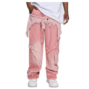 <b>Men</b> Heavyweight Straight Baggy Patchwork Washed <b>Pink</b> Denim Patches Pants Mid Waist Oversize <b>Pink</b> <b>Trousers</b> - Product Image 1