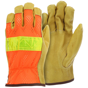 Nouveauté : Gants de travail haute visibilité à doigts complets en cuir véritable avec bande réfléchissante et logo personnalisé, en tissu mesh orange - Product Image 1