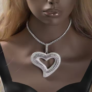 Gold Plated 925 Silver Moissanite Heart Pendant Necklace with <b>Rope</b> <b>Chain</b> Micro Insert Hip Hop Charm Jewelry for Party Gift - Product Image 5
