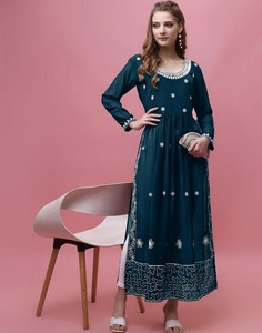 Kurti Largo de Georgette Azul Marino con Bordado, Estilo Holgado, Largo hasta el Tobillo, Ropa Casual Tradicional de la India y Pakistán - Product Image 1