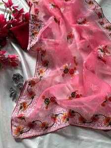 Pink Designer Organza Saree with Heavy Floral Embroidered Border Net Saree with Sheer Dupatta Style Luxury Party Wear - Product Image 2