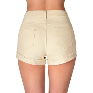 Beige Distressed Denim Shorts Women Khaki Ripped <b>Jean</b> Shorts High <b>Waisted</b> Summer Fashion Slim Fit Frayed Hem Hot Pants - Product Image 2