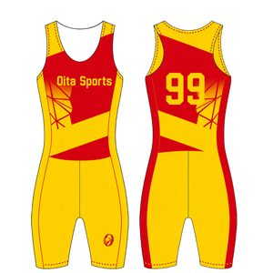 Combinaison de compétition de rowing rouge et jaune pour homme, sans manches, uniforme de performance, maillot de course, vêtements de sport d'équipe personnalisés en gros - Product Image 3