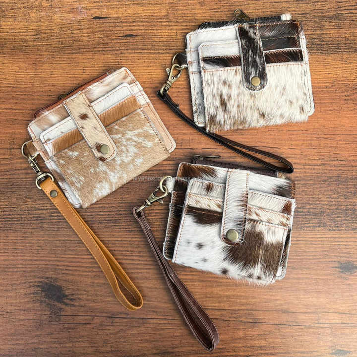 Hot Sale Hair on Hide Leather Wristlet Coin Purse Stylish Clutch ATM Card Holder Cowhide Leather Western Style Multi Use Clutch