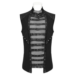 เสื้อกั๊กหนังเทียมสีดำสไตล์โกธิคพังก์ประดับหมุดตาข่ายระบายอากาศสำหรับผู้ชาย - Product Image 1