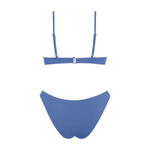 Ensemble bikini bandeau côtelé pour femme, bleu uni, deux pièces, bas de maillot hipster, tricoté extensible, tenue de plage - Product Image 4
