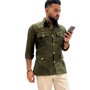 Camisa Casual para Hombre, Estilo Caza, Confeccionada con Tela de Lino 100% Premium, Teñido Liso, Ecológica, Transpirable y Cómoda, con Cuello Clásico - Product Image 1