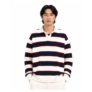 Pull en tricot rayé pour homme, manches longues, coupe classique, fermeture à un bouton, couleurs marine, rouge et blanc, pulls en tricot - Product Image 6
