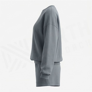 Conjunto de 2 Piezas para Mujer, Sudadera y Pantalones Cortos de Punto, Cuello Redondo, Corte Holgado, Color Sólido, Casual, para Todas las Temporadas, Largo por Encima de la Rodilla - Product Image 3
