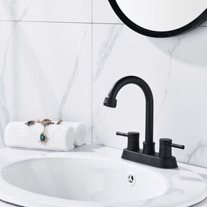 Rubinetto per lavabo bagno nero opaco con braccio alto, scarico a scomparsa in acciaio inossidabile a 3 fori e tubo flessibile - Product Image 2