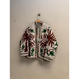 Blouson en coton brodé à la main avec motif palmier, col mandarin, manches longues, pour l'automne, fermeture à boutons - Product Image 2