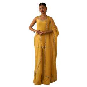 Traje Anarkali de Seda Amarilla con Dupatta Bordada, Ropa Tradicional India para Bodas, para Mujer, Largo hasta el Tobillo, Corte Regular - Product Image 1