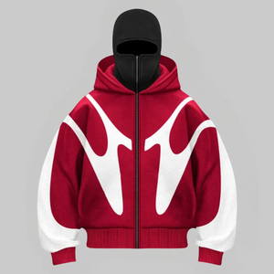 Sweat-shirt court unisexe à capuche zippé, color block rouge et blanc, style streetwear, manches raglan, en molleton tricoté anti-boulochage - Product Image 1