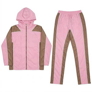 Wholesales Custom Logo Pink Brown Panels Men's 100% Polyester Knitted <b>Wind</b> <b>Breaker</b> Sets Trousers Summer Quick Dry Stylish - Product Image 1