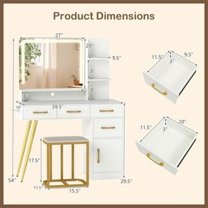 27\" X 20\" LED Lighted Mirror Charging Station Stool 8 Storage Spaces White <b>Vanity</b> Desk with <b>Makeup</b> <b>Vanities</b> - Product Image 5