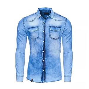 Chemises pour hommes en denim de coton bleu, col montant, manches longues, respirantes, décontractées, coupe classique, effet délavé - Product Image 6