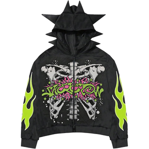 Victory <b>Punk</b> Style Hooded Zipper <b>Jacket</b> With Skeleton Print And Flame Design Men's Oversized Streetwear Black - Product Image 1