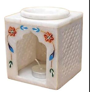 White Marble <b>Lantern</b> Aromatherapy Essential <b>Oil</b> Warmer with Floral Carved Design for Home Decoration - Product Image 2