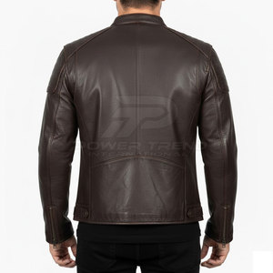 Veste de moto en cuir véritable pour homme, grande taille, décontractée, couleur foncée, col montant, fermeture éclair, style motard - Product Image 6