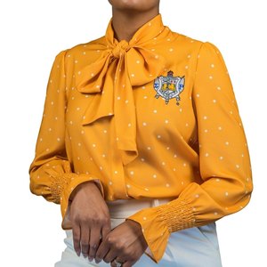 Blusa de lunares dorados Sigma Gamma Rho para mujer, camisa de manga larga con lazo, estilo casual elegante de la hermandad griega - Product Image 2