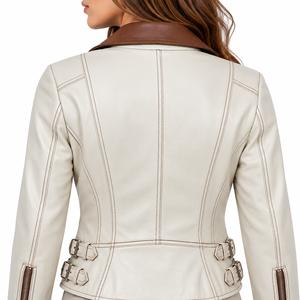Veste moto en cuir véritable pour femme, couleur crème, col marron, fermeture éclair, coupe ajustée, style automne - Product Image 5
