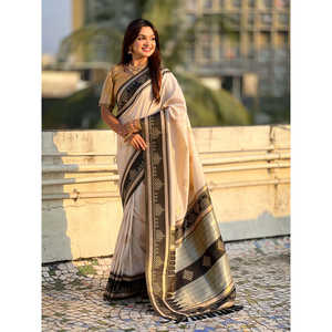 Traditional Zari Contrast Woven Saree <b>Cream</b> Soft Silk <b>Shawl</b> with Elegant <b>Cream</b> Silk Border <b>Cream</b> Silk Saree - Product Image 1