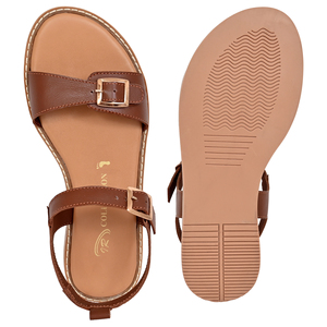 Sandales plates gladiateur en cuir marron de qualité supérieure pour femmes, à double boucle, style coréen, légères, tendance mode été - Product Image 6