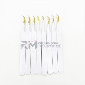 Pinzas para pestañas RMI de acero inoxidable con agarre de diamante, marca privada, punta curva de 45 grados, punta de oro de 24k y recubrimiento en polvo blanco. - Product Image 2